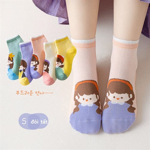 Set 5 tất mỏng mịn, mặt lưới in hình búp bê TOE